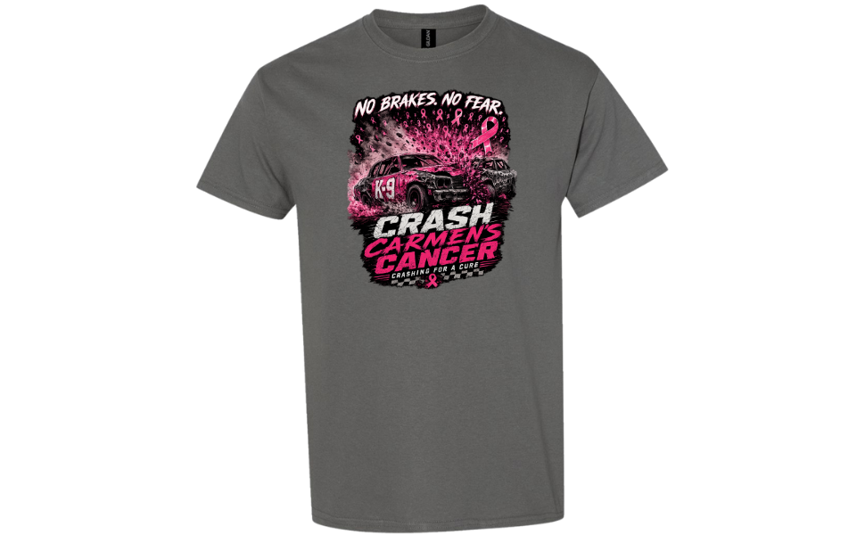 Gray t-shirt with a pink and black graphic design on a white background