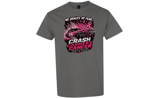 Gray t-shirt with a pink and black graphic design on a white background